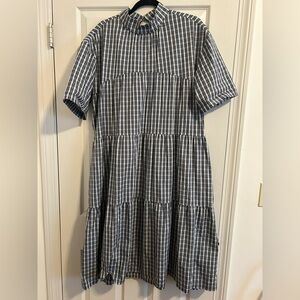 Everlane mock neck blue and white plaid dress